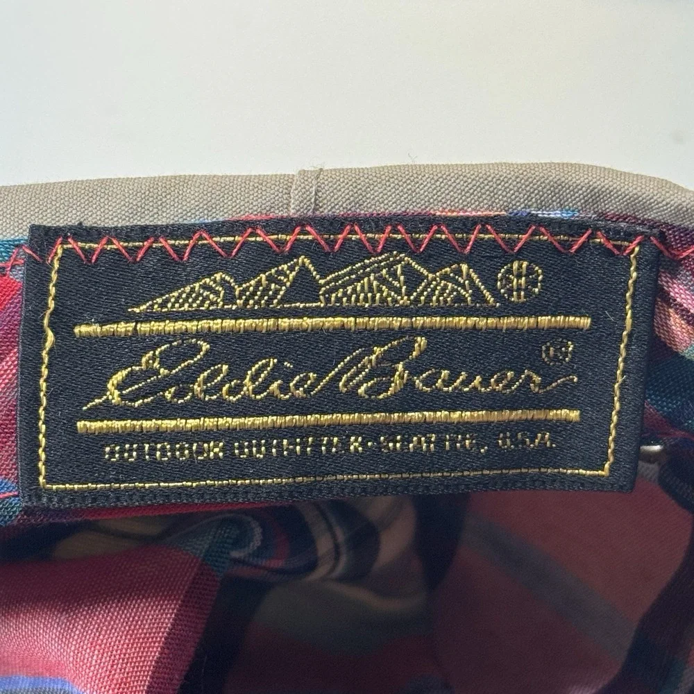 Eddie Bauer Newsboy Golf Cabby Hat Cap Tan USA Union Made Plaid Lining Size L
